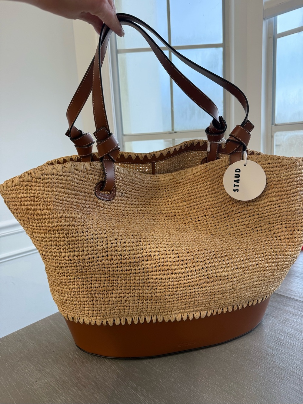 STAUD Brown and Natural Straw Tote with Leather Base